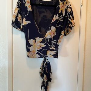 7th Avenue Floral Wrap Blouse in Navy and Yellow